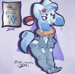 Size: 750x733 | Tagged: safe, artist:artisticjarhead, eeveelution, fictional species, glaceon, mammal, anthro, plantigrade anthro, nintendo, pokémon, anthrofied, blep, blue eyes, blushing, clothes, female, solo, solo female, sparkles, tail, tongue, tongue out