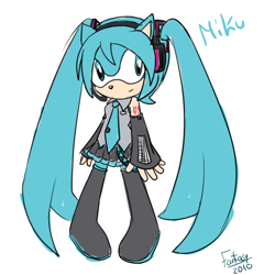 Size: 500x500 | Tagged: safe, artist:mewamyrose, miku hatsune (vocaloid), hedgehog, mammal, anthro, sega, sonic the hedgehog (series), vocaloid, 1:1, 2010, 2d, anthrofied, bottomwear, clothes, crossover, female, furrified, low res, necktie, quills, simple background, skirt, solo, solo female, sonicified, species swap, style emulation, twintails, white background