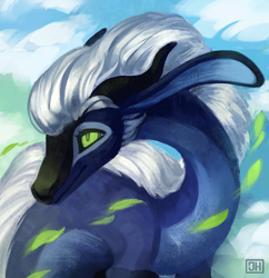 Size: 1472x1520 | Tagged: safe, artist:jackiehinny, oc, oc only, dragon, fictional species, feral, 2018, ambiguous gender, cloud, commission, hair, horns, leaf, signature, sky, solo, solo ambiguous