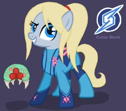 Size: 1024x907 | Tagged: safe, artist:hysteriaalice09, samus aran (metroid), earth pony, equine, fictional species, mammal, metroid (species), pony, feral, friendship is magic, hasbro, metroid (series), my little pony, nintendo, crossover, female, feralized, furrified, mare, ponified, solo, solo female, species swap, tail, zero suit