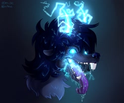 Size: 2100x1750 | Tagged: safe, artist:exbesh, oc, oc only, oc:jack (aevery), beaver, mammal, semi-anthro, ambiguous gender, bust, drooling, electricity, fluff, fur, glowing, glowing eyes, glowing horns, gradient background, hair, headshot, horns, maw, mawshot, neck fluff, open mouth, saliva, sharp teeth, solo, solo ambiguous, teeth, tongue, tongue out, whiskers