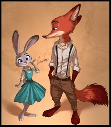 Size: 1800x2048 | Tagged: safe, artist:relaxableart, judy hopps (zootopia), nick wilde (zootopia), canine, fox, lagomorph, mammal, rabbit, red fox, anthro, plantigrade anthro, disney, zootopia, abstract background, braces, brown fur, clothes, dress, duo, ear fluff, female, fluff, front view, fur, gray fur, green eyes, hands in pockets, long ears, looking at someone, male, neck fluff, orange fur, purple eyes, shirt, signature, standing, tail, tail fluff, tan fur, topwear, vintage
