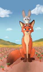 Size: 885x1479 | Tagged: safe, artist:crufox, judy hopps (zootopia), nick wilde (zootopia), canine, fox, lagomorph, mammal, rabbit, red fox, feral, disney, zootopia, 2016, brown fur, carrot, chest fluff, cloud, digital art, duo, ear fluff, female, feral/feral, feralized, field, fluff, food, front view, fur, gray fur, green eyes, interspecies, leaf, leg fluff, long ears, looking at each other, male, male/female, orange fur, outdoors, paws, purple eyes, shipping, signature, sitting, size difference, smiling, socks (leg marking), tail, tail fluff, tan fur, vegetables, white fur, wildehopps (zootopia)