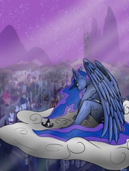 Size: 970x1280 | Tagged: safe, artist:backlash91, princess luna (mlp), alicorn, equine, fictional species, mammal, pony, anthro, unguligrade anthro, friendship is magic, hasbro, my little pony, 2014, anthrofied, blue feathers, blue fur, building, canterlot, city, cloud, crown, cutie mark, ethereal hair, ethereal mane, feathered wings, feathers, female, fur, hair, hooves, horn, mountain, night, nudity, ponyville, side view, sitting, solo, solo female, stars, tail, wings
