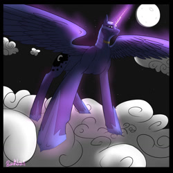 Size: 1280x1280 | Tagged: safe, artist:backlash91, princess luna (mlp), alicorn, equine, fictional species, mammal, pony, feral, friendship is magic, hasbro, my little pony, 2014, cloud, cutie mark, feathered wings, feathers, female, helmet, hoof shoes, horn, low angle, moon, night, solo, solo female, spread wings, standing, stars, wings