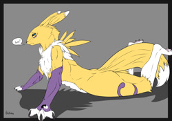 Size: 1280x896 | Tagged: safe, artist:backlash91, fictional species, mammal, renamon, anthro, digimon, 2014, arm warmers, black sclera, blue eyes, cheek fluff, chest fluff, claws, clothes, colored sclera, ear fluff, ears laid back, female, fluff, fur, head fluff, legs in air, looking at you, paw pads, paws, signature, solo, solo female, speech bubble, tail, talking, white fur, yellow fur