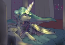 Size: 1280x896 | Tagged: safe, artist:backlash91, princess celestia (mlp), twilight sparkle (mlp), alicorn, equine, fictional species, mammal, pony, feral, friendship is magic, hasbro, my little pony, 2014, bed, cuddling, cutie mark, duo, duo female, ears laid back, eyelashes, feathered wings, feathers, female, female/female, feral/feral, folded wings, glowing, glowing horn, hooves, horn, hug, indoors, lying down, mare, on bed, prone, shipping, signature, size difference, unshorn fetlocks, wing hug, wings