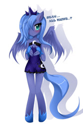 Size: 760x1137 | Tagged: safe, artist:jinzhan, princess luna (mlp), alicorn, equine, fictional species, mammal, pony, anthro, unguligrade anthro, friendship is magic, hasbro, my little pony, 2011, anthrofied, blushing, clothes, crown, dialogue, dress, feathered wings, feathers, female, hair, hair over one eye, hooves, horn, jewelry, mare, regalia, simple background, solo, solo female, spread wings, tail, talking, white background, wings