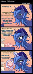 Size: 659x1456 | Tagged: safe, artist:jinzhan, princess celestia (mlp), princess luna (mlp), alicorn, equine, fictional species, mammal, pony, feral, friendship is magic, hasbro, my little pony, clothes, comic, cotton candy, feathered wings, feathers, female, food, glowing, glowing horn, hat, horn, mare, nightcap, solo focus, telekinesis, wings