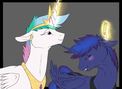 Size: 1280x937 | Tagged: safe, artist:backlash91, princess celestia (mlp), princess luna (mlp), alicorn, equine, fictional species, mammal, pony, feral, friendship is magic, hasbro, my little pony, 2014, blushing, crown, cutie mark, duo, duo female, eyelashes, eyes closed, feathered wings, feathers, female, floppy ears, folded wings, fur, glowing, glowing horn, gray background, hair, horn, magic, magic aura, mane, purple fur, simple background, tail, telekinesis, white fur, wings