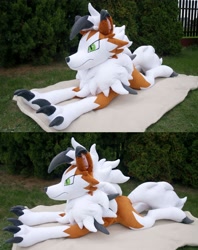 Size: 3401x4287 | Tagged: safe, artist:adamar44, dusk lycanroc, fictional species, lycanroc, feral, nintendo, pokémon, 2019, cheek fluff, chest fluff, claws, fluff, fur, green eyes, hair, irl, life size, lying down, neck fluff, orange fur, outdoors, paws, photo, photographed artwork, plushie, prone, slit pupils, solo, tail, tail fluff, white fur, white hair