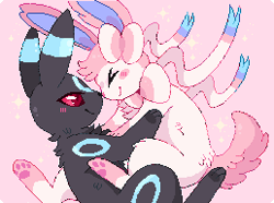 Size: 258x192 | Tagged: safe, artist:panicpuppy, eeveelution, fictional species, mammal, shiny pokémon, sylveon, umbreon, feral, nintendo, pokémon, 2019, ambiguous gender, black fur, blushing, digital art, eyes closed, fur, head fluff, hug, low res, nuzzling, paws, pink fur, pink tail, pixel art, red eyes, shipping, tail