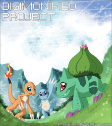 Size: 1200x1350 | Tagged: safe, artist:shoyu-rai, bulbasaur, charmander, fictional species, squirtle, feral, digimon, nintendo, pokémon, 2014, ambiguous gender, claws, crossover, digimonified, digital art, fire, grass, green eyes, group, outdoors, red eyes, scales, starter pokémon, tail, text, trio