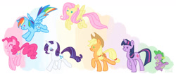 Size: 1154x484 | Tagged: safe, artist:skdaffle, applejack (mlp), fluttershy (mlp), pinkie pie (mlp), rainbow dash (mlp), rarity (mlp), spike (mlp), twilight sparkle (mlp), dragon, earth pony, equine, fictional species, mammal, pegasus, pony, unicorn, western dragon, feral, semi-anthro, friendship is magic, hasbro, my little pony, 2011, abstract background, blonde hair, blonde mane, blonde tail, blue body, blue feathers, blue fur, clothes, curled hair, curled tail, cutie mark, eyes closed, eyeshadow, feathered wings, feathers, female, flying, fur, green eyes, green scales, group, hair, hair tie, hat, horn, jumping, magenta eyes, makeup, male, mane, mane six (mlp), mare, no pupils, open mouth, orange body, orange fur, pink body, pink fur, pink hair, pink mane, pink tail, purple body, purple fur, purple hair, purple mane, purple scales, purple tail, rainbow hair, rainbow mane, rainbow tail, scales, simple background, smiling, spread wings, tail, teal eyes, walking, white background, white body, white fur, wings, yellow body, yellow fur