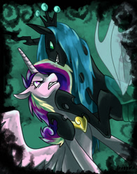Size: 725x927 | Tagged: safe, artist:skdaffle, princess cadence (mlp), queen chrysalis (mlp), alicorn, arthropod, changeling, changeling queen, equine, fictional species, mammal, pony, feral, friendship is magic, hasbro, my little pony, 2012, angry, crown, duo, duo female, feathered wings, feathers, female, horn, insect wings, jagged horn, looking at each other, mare, peytral, smug, spread wings, tail, wings