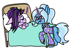 Size: 1880x1332 | Tagged: safe, artist:rainbowbacon1, starlight glimmer (mlp), trixie (mlp), equine, fictional species, mammal, pony, unicorn, feral, friendship is magic, hasbro, my little pony, 2020, atg 2020, bed, blanket, clothes, duo, duo female, female, glowing, glowing horn, horn, mare, newbie artist training grounds, pillow, sick, tail, telekinesis, tongue, tongue out