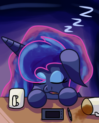 Size: 1440x1780 | Tagged: safe, artist:superhypersonic2000, princess luna (mlp), alicorn, equine, fictional species, mammal, pony, feral, friendship is magic, hasbro, my little pony, 2020, eyes closed, female, horn, mare, sleeping, solo, solo female, stylus, tablet, tail