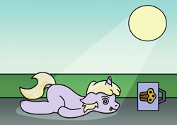 Size: 1140x802 | Tagged: safe, artist:gogglesparks, dinky hooves (mlp), equine, fictional species, mammal, pony, unicorn, feral, friendship is magic, hasbro, my little pony, 2020, atg 2020, female, filly, foal, horn, lying down, newbie artist training grounds, prone, solo, solo female, sun, tail, young