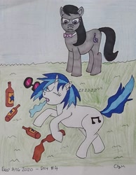 Size: 899x1156 | Tagged: safe, artist:rapidsnap, octavia melody (mlp), vinyl scratch (mlp), earth pony, equine, fictional species, mammal, pony, unicorn, feral, friendship is magic, hasbro, my little pony, 2020, angry, atg 2020, bow tie, clothes, duo, duo female, eyes closed, female, horn, mare, newbie artist training grounds, saliva, saliva trail, tail, traditional art