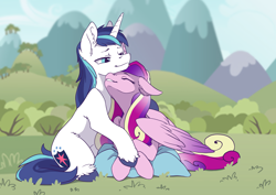 Size: 3508x2480 | Tagged: safe, artist:arctic-fox, princess cadence (mlp), shining armor (mlp), alicorn, equine, fictional species, mammal, pony, unicorn, feral, friendship is magic, hasbro, my little pony, 2019, blurred background, bush, cuddling, cute, cutie mark, duo, duo male and female, ear fluff, eyes closed, feathered wings, feathers, female, feral/feral, floppy ears, fluff, fur, grass, hair, high res, hooves, horn, hug, male, male/female, mountain, mountain range, nuzzling, outdoors, pillow, pink feathers, pink fur, scenery, shiningcadance (mlp), shipping, tail, teeth, unshorn fetlocks, white fur, wings