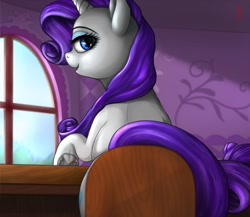 Size: 1280x1111 | Tagged: safe, alternate version, artist:celsian, rarity (mlp), equine, fictional species, mammal, pony, unicorn, feral, friendship is magic, hasbro, my little pony, 2020, boutique, chair, curled hair, curled tail, cutie mark, desk, eyelashes, eyeshadow, female, frog (hoof), fur, hair, hooves, horn, indoors, looking at you, looking back, looking back at you, makeup, mare, open mouth, purple hair, raised hoof, rear view, signature, solo, solo female, tail, underhoof, white fur, window