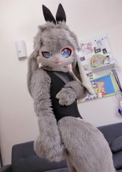 Size: 1451x2048 | Tagged: safe, artist:atelier amanojaku, part of a set, photographer:4bfox, oc, oc only, oc:ina (4bfox), lagomorph, mammal, rabbit, anthro, blep, blue eyes, bunny suit, clothes, colored pupils, fake ears, floppy ears, fluff, fullsuit, fur, fursuit, gray fur, head fluff, indoors, irl, leg fluff, looking at you, low angle, male, photo, playboy bunny, solo, solo male, tongue, tongue out