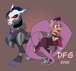 Size: 1920x1778 | Tagged: safe, artist:dragonfoxgirl, entrapta (she-ra), hordak (she-ra), alien, earth pony, equine, fictional species, mammal, pony, feral, dreamworks animation, friendship is magic, hasbro, my little pony, she-ra and the princesses of power, armor, clothes, crossover, crystal, duo, entrapdak, fangs, female, hair, long hair, male, male/female, mask, open mouth, pigtails, ponified, power armor, prehensile hair, shipping, signature, spade tail, tail, teeth