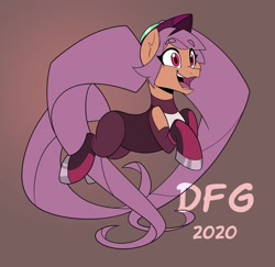 Size: 1920x1869 | Tagged: safe, alternate version, artist:dragonfoxgirl, entrapta (she-ra), earth pony, equine, fictional species, mammal, pony, feral, dreamworks animation, friendship is magic, hasbro, my little pony, she-ra and the princesses of power, 2020, clothes, crossover, female, hair, long hair, mask, open mouth, pigtails, ponified, prehensile hair, signature, solo, solo female, tail, teeth