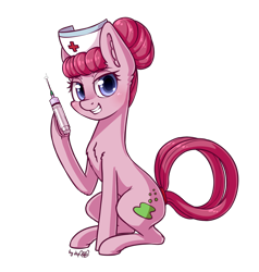 Size: 1824x1920 | Tagged: safe, artist:dsp2003, oc, oc only, oc:bubbly joy, earth pony, equine, fictional species, mammal, pony, feral, friendship is magic, hasbro, my little pony, clothes, female, hair, hat, mane, mare, nurse, nurse hat, pink hair, pink mane, smiling, solo, solo female, syringe, tail