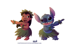 Size: 2700x1800 | Tagged: safe, artist:cartoonmoviesfan, lilo pelekai (lilo & stitch), stitch (lilo & stitch), alien, experiment (lilo & stitch), fictional species, human, mammal, semi-anthro, disney, lilo & stitch, 2019, 2d, black eyes, black hair, blue claws, blue fur, brown eyes, child, dancing, duo, duo male and female, ears, female, fur, hair, happy, hula, looking at each other, male, on model, open mouth, open smile, simple background, smiling, torn ear, url, white background, young