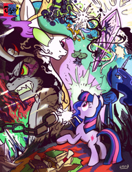 Size: 2060x2684 | Tagged: safe, artist:jowybean, king sombra (mlp), princess celestia (mlp), princess luna (mlp), royal guard (mlp), twilight sparkle (mlp), alicorn, equine, fictional species, mammal, pony, unicorn, feral, friendship is magic, hasbro, my little pony, book, chains, crystal, dark magic, fangs, feathered wings, feathers, female, folded wings, gritted teeth, hair, high res, horn, male, mane, mare, scroll, stallion, starry mane, tail, teeth, wings