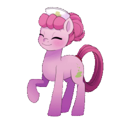 Size: 300x300 | Tagged: safe, artist:adgerellipone, oc, oc only, oc:bubbly joy, earth pony, equine, fictional species, mammal, pony, feral, friendship is magic, hasbro, my little pony, 2d, 2d animation, animated, blushing, clothes, commission, cute, eyes closed, featured image, female, gif, hair, hair bun, happy, hat, low res, mane, mare, nurse hat, ocbetes, pink hair, pink mane, simple background, smiling, solo, solo female, tail, transparent background