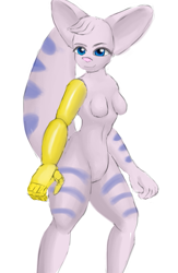 Size: 391x600 | Tagged: safe, artist:jesterkatz, rivet (r&c), fictional species, lombax, mammal, anthro, ratchet & clank, belly button, big ears, blue eyes, breasts, digital art, ears, featureless breasts, featureless crotch, female, fluff, fur, head fluff, light pink fur, light purple marking, light purple markings, looking at something, low res, nudity, original, pink body, pink fur, prosthetic arm, prosthetics, purple marking, simple background, small breasts, smiling, solo, solo female, tail, thick thighs, thighs, white background, wide hips