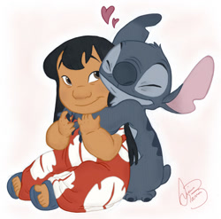 Size: 1024x1012 | Tagged: safe, artist:diana barron, lilo pelekai (lilo & stitch), stitch (lilo & stitch), alien, experiment (lilo & stitch), fictional species, human, mammal, semi-anthro, disney, lilo & stitch, 2d, 5 fingers, 5 toes, bangs, black hair, blue fur, blue nose, brown eyes, child, clothes, duo, duo male and female, ears, eyes closed, female, fur, hair, heart, hug, male, muumuu, sandals, shoes, signature, smiling, torn ear, young