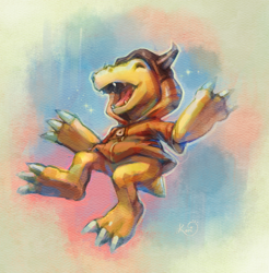Size: 500x508 | Tagged: safe, artist:koriarredondo, agumon, fictional species, greymon, reptile, feral, digimon, bipedal, claws, clothes, eyes closed, happy, hoodie, male, open moutth, sharp teeth, smiling, solo, solo male, tail, teeth, topwear