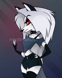 Size: 1630x2048 | Tagged: safe, artist:emotionalhugz, loona (vivzmind), canine, fictional species, hellhound, mammal, anthro, hazbin hotel, helluva boss, 2019, bottomwear, choker, clothes, crop top, cropped shirt, female, frowning, hand on hip, midriff, shorts, solo, solo female, spiked choker, tail, topwear, watermark