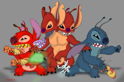 Size: 2503x1656 | Tagged: safe, artist:demonxtartarus, experiment 627 (lilo & stitch), leroy (lilo & stitch), stitch (lilo & stitch), alien, experiment (lilo & stitch), fictional species, semi-anthro, disney, lilo & stitch, 2013, 4 arms, 4 fingers, 4 toes, 6 arms, angry, antennae, blue fur, blue nose, ears, electricity, energy weapon, fur, glowing, gray background, group, handgun, male, multiple heads, nested mouth, plasma blaster, plasma gun, purple nose, red fur, red nose, simple background, teeth, torn ear, two heads, weapon, yellow teeth