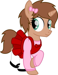 Size: 1980x2543 | Tagged: safe, artist:peternators, oc, oc only, oc:heroic armour, equine, fictional species, mammal, pony, unicorn, feral, friendship is magic, hasbro, my little pony, alternate hairstyle, clothes, colt, crossdressing, cute, dress, fake eyelashes, femboy, foal, horn, male, mary janes, ribbon, shoes, simple background, socks, solo, solo male, tail, teenager, transparent background, young