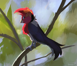 Size: 1000x853 | Tagged: safe, artist:orcaowl, bird, robin, songbird, feral, 2020, ambiguous gender, beak, bird feet, black feathers, digital art, feathers, flower, flower on head, fluff, folded wings, head fluff, looking back, red feathers, side view, signature, solo, solo ambiguous, tail, tree branch, wings