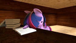 Size: 1280x720 | Tagged: safe, artist:scout_guy, twilight sparkle (mlp), alicorn, equine, fictional species, mammal, pony, feral, friendship is magic, hasbro, my little pony, 16:9, 2020, 3d, atg 2020, book, eyes closed, feathered wings, feathers, female, folded wings, horn, mare, newbie artist training grounds, passed out, sleeping, solo, solo female, source filmmaker, tail, wings