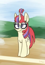 Size: 1000x1450 | Tagged: safe, artist:litrojia, moondancer (mlp), equine, fictional species, mammal, pony, unicorn, feral, friendship is magic, hasbro, my little pony, female, frowning, glasses, hair band, horn, mare, meganekko, solo, solo female, tail