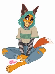 Size: 1050x1400 | Tagged: safe, artist:floatingliights, oc, oc:nikki (floatingliights), canine, dingo, mammal, anthro, digitigrade anthro, belt, bottomwear, brown eyes, claws, clothes, cyan hair, ear fluff, ears, female, fluff, front view, fur, hair, orange fur, pants, paws, signature, simple background, sitting, smiling, solo, solo female, tail, white background