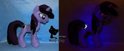 Size: 2436x1000 | Tagged: safe, artist:wollyshop, oc, oc only, oc:darky, equine, fictional species, mammal, pony, unicorn, feral, cc by-nc-nd, creative commons, friendship is magic, hasbro, my little pony, 2012, commission, glowing, horn, irl, male, photo, photographed artwork, plushie, solo, solo male, stallion, tail, watermark