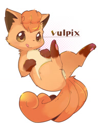 Size: 900x1176 | Tagged: safe, artist:faeki_dk, fictional species, vulpix, feral, nintendo, pokémon, 2016, ambiguous gender, anus, english text, licking lips, lying down, male, multiple tails, nudity, on back, paws, simplistic anus, solo, solo ambiguous, solo male, tail, text, three tails, tongue, tongue out, underpaw