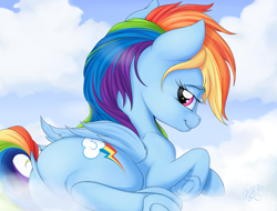 Size: 2457x1863 | Tagged: safe, artist:mrnobody47, rainbow dash (mlp), equine, fictional species, mammal, pegasus, pony, feral, friendship is magic, hasbro, my little pony, 2016, bedroom eyes, butt, cloud, dock, female, hooves, looking at you, looking back, on a cloud, signature, sky, solo, solo female, tail, underhoof, wings