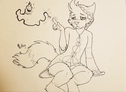 Size: 2695x1959 | Tagged: safe, artist:punkpega, mammal, mustelid, weasel, anthro, cloak, crying, eyeshadow, hood, magic, makeup, male, monochrome, sad, sitting, solo, solo male, tail, traditional art