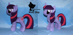 Size: 2064x1000 | Tagged: safe, artist:wollyshop, twilight sparkle (mlp), equine, fictional species, mammal, pony, unicorn, feral, friendship is magic, hasbro, my little pony, 2012, commission, female, horn, irl, mare, photo, photographed artwork, plushie, smiling, solo, solo female, tail