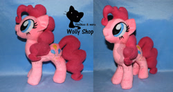 Size: 1884x1000 | Tagged: safe, artist:wollyshop, pinkie pie (mlp), earth pony, equine, fictional species, mammal, pony, feral, friendship is magic, hasbro, my little pony, female, hair, irl, mane, mare, photo, photographed artwork, pink hair, pink mane, plushie, solo, solo female, tail
