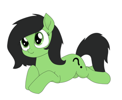 Size: 734x600 | Tagged: safe, artist:troopie, oc, oc only, oc:filly anon, earth pony, equine, fictional species, mammal, pony, feral, friendship is magic, hasbro, my little pony, 4chan, black hair, black mane, black tail, cute, cutie mark, female, filly, foal, fur, green body, green eyes, green fur, hair, looking away, lying down, mane, ocbetes, prone, simple background, solo, solo female, tail, white background, young