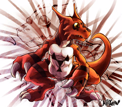 Size: 3643x3187 | Tagged: safe, artist:nixkrow, fictional species, guilmon, reptile, feral, digimon, digimon tamers, 2020, bipedal, claws, high res, male, sharp teeth, solo, solo male, tail, teeth